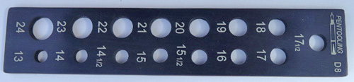 ITEM #D8: PEN SAC SIZE GAGE. An improvement on the White Rubber Company gage found in pen repair guy’s tool kits in that it has additional holes for 14 1/2 (Snorkel), 15 1/2 (Touchdown), and 17 1/2 (PFM) sizes. Made from .115" (2.9mm) thick aluminum. The sac will usually fall freely through the labeled hole corresponding to its diameter. If you have to push it through, you might be in the wrong hole. The size designations under each hole represent the outside diameter of the sac in 64ths of an inch. The number of 64ths is also the sac number. If you're clever like Jim Marshall is, you can figure out how to use this as a knock-out block also.